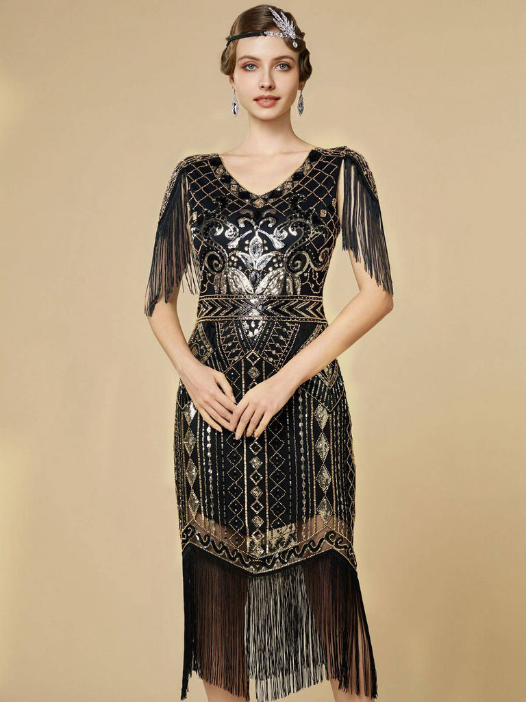 1920s Sequin Fringe Flapper V-Neck Dress - vintage dress, retro fashion, Gatsby party