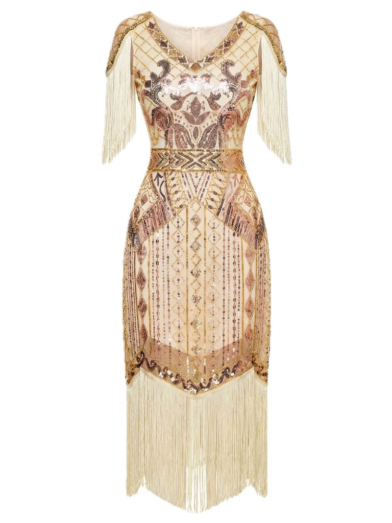 1920s Sequin Fringe Flapper V-Neck Dress - vintage dress, retro fashion, Gatsby party