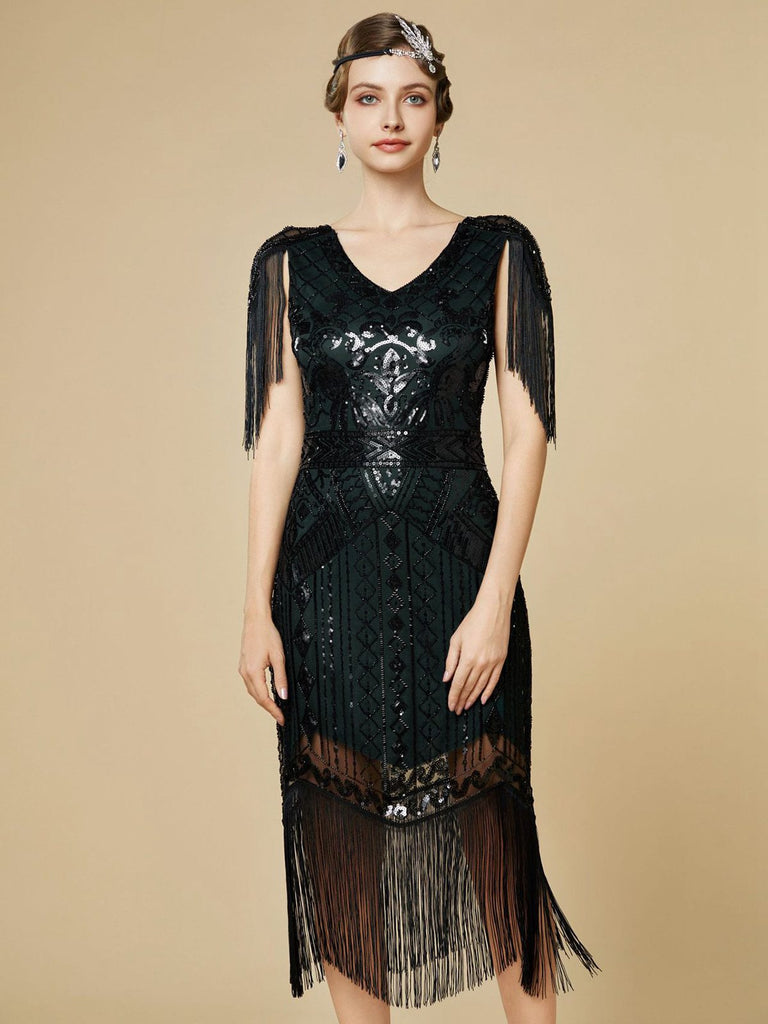 1920s Sequin Fringe Flapper V-Neck Dress - vintage dress, retro fashion, Gatsby party