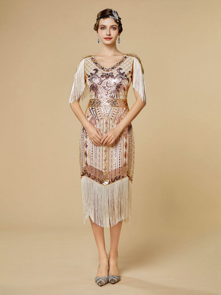 1920s Sequin Fringe Flapper V-Neck Dress - vintage dress, retro fashion, Gatsby party