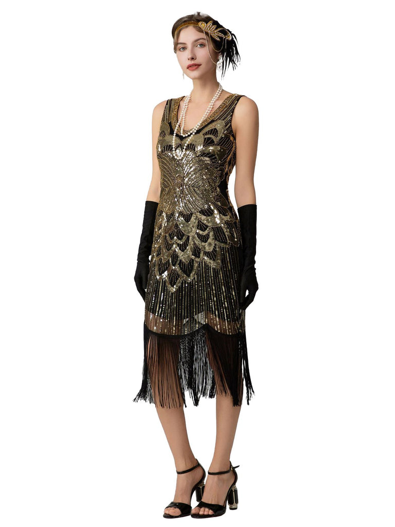 1920s Sequin Fringe Sleeveless U-Neck Flapper Dress - vintage dress, retro fashion, Gatsby party