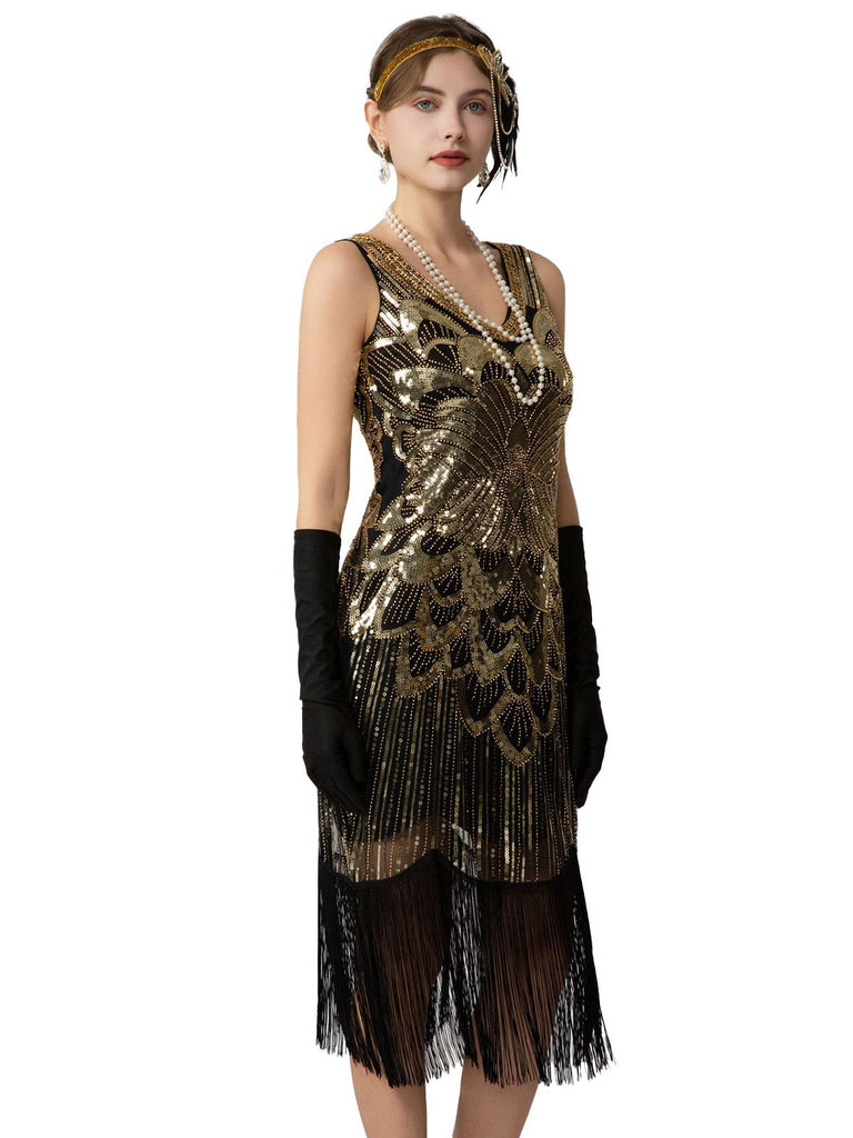 1920s Sequin Fringe Sleeveless U-Neck Flapper Dress - vintage dress, retro fashion, Gatsby party