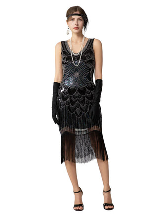 1920s Sequin Fringe Sleeveless U-Neck Flapper Dress - vintage dress, retro fashion, Gatsby party