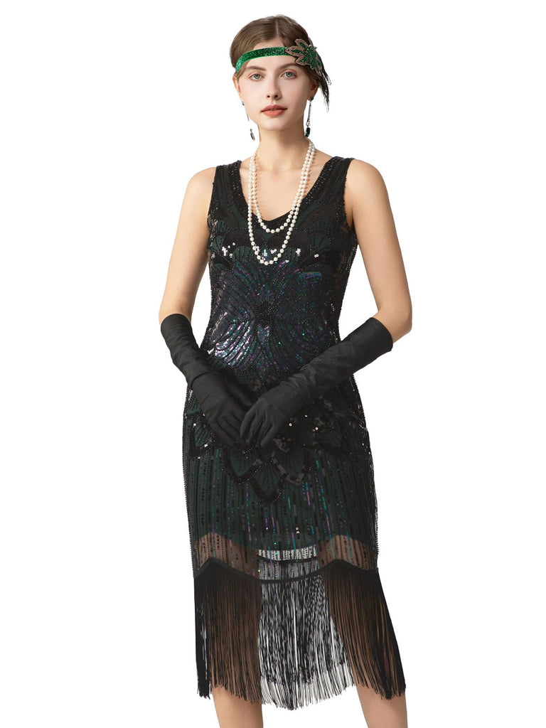 1920s Sequin Fringe Sleeveless U-Neck Flapper Dress - vintage dress, retro fashion, Gatsby party