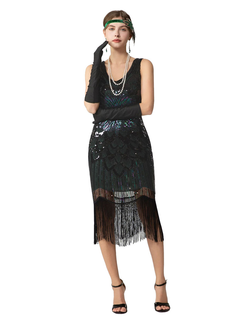 1920s Sequin Fringe Sleeveless U-Neck Flapper Dress - vintage dress, retro fashion, Gatsby party