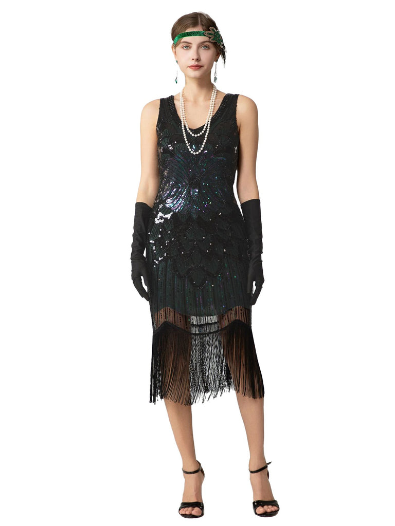 1920s Sequin Fringe Sleeveless U-Neck Flapper Dress - vintage dress, retro fashion, Gatsby party
