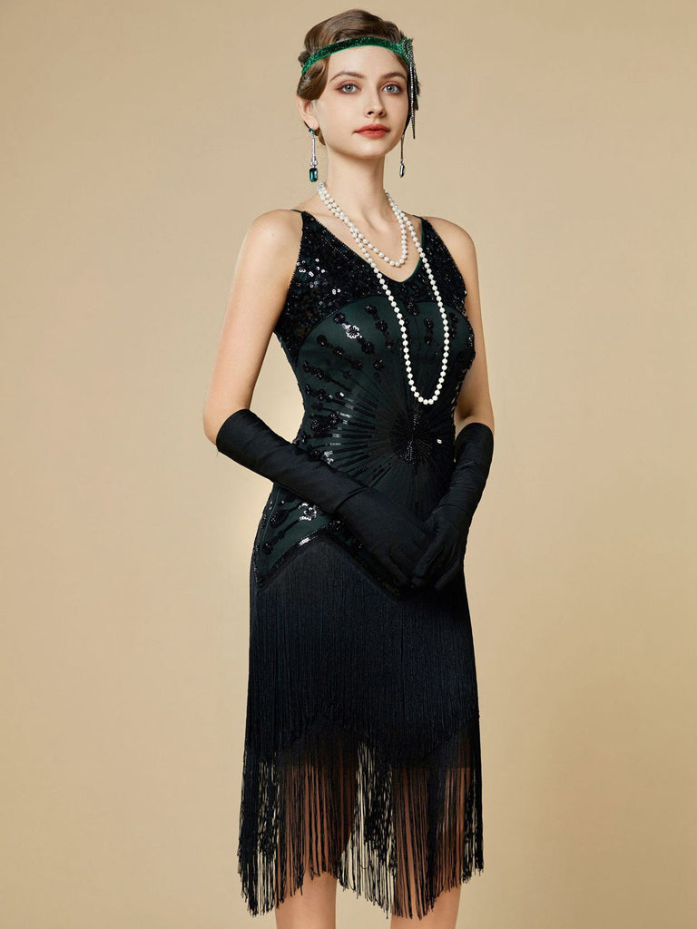 1920s Sequin Fringe Spaghetti Strap Flapper Dress - vintage dress, retro fashion, Gatsby party