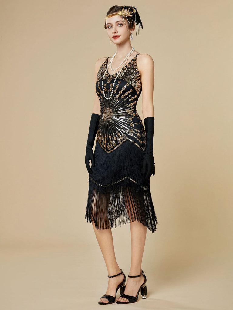 1920s Sequin Fringe Spaghetti Strap Flapper Dress - vintage dress, retro fashion, Gatsby party