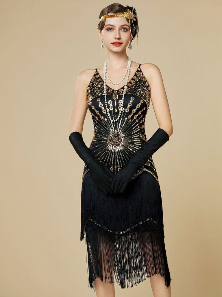 1920s Sequin Fringe Spaghetti Strap Flapper Dress - vintage dress, retro fashion, Gatsby party