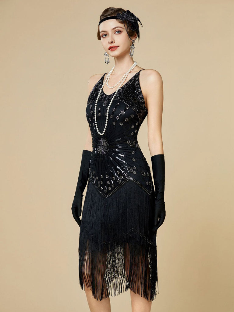 1920s Sequin Fringe Spaghetti Strap Flapper Dress - vintage dress, retro fashion, Gatsby party