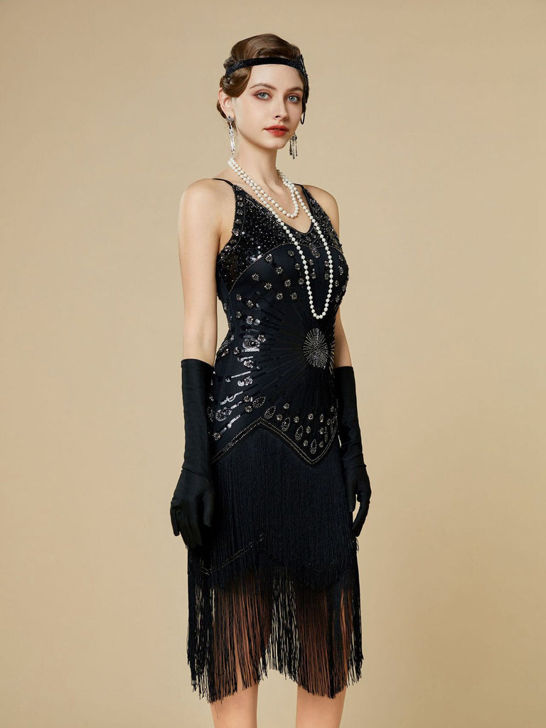 1920s Sequin Fringe Spaghetti Strap Flapper Dress - vintage dress, retro fashion, Gatsby party