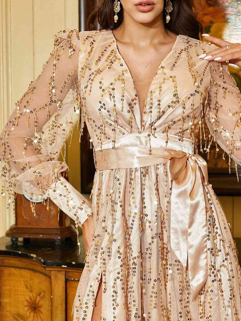 1920s Sequined Deep V-Neck Side Slit Maxi Dress, vintage dress, retro fashion, Gatsby party, flapper style - perfect for women who love vintage and retro fashion