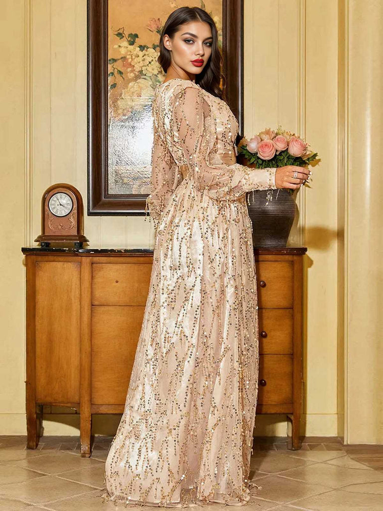 1920s Sequined Deep V-Neck Side Slit Maxi Dress, vintage dress, retro fashion, Gatsby party, flapper style - perfect for women who love vintage and retro fashion