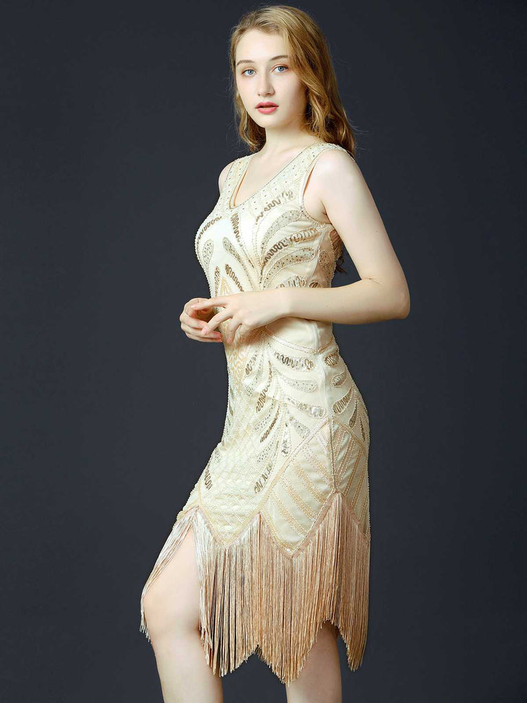 1920s Sequined Fringe Flapper Sleeveless Dress: where 1920s romance meets her modern spirit