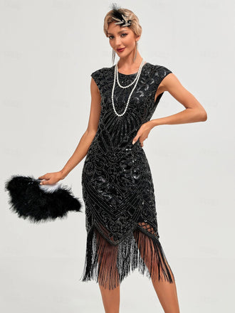 1920s Sequined Fringe Round Neck Cap Sleeve Dress - vintage dress, retro fashion, Gatsby party