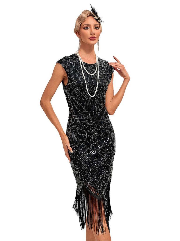 1920s Sequined Fringe Round Neck Cap Sleeve Dress - vintage dress, retro fashion, Gatsby party