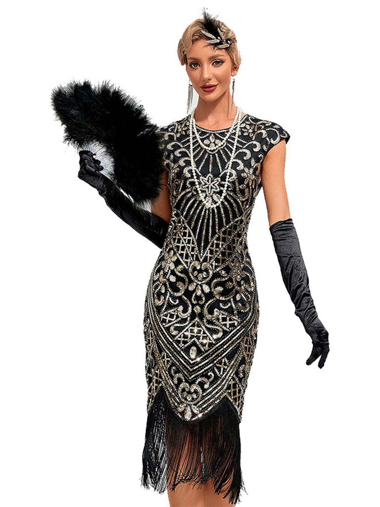 1920s Sequined Fringe Round Neck Cap Sleeve Dress - vintage dress, retro fashion, Gatsby party