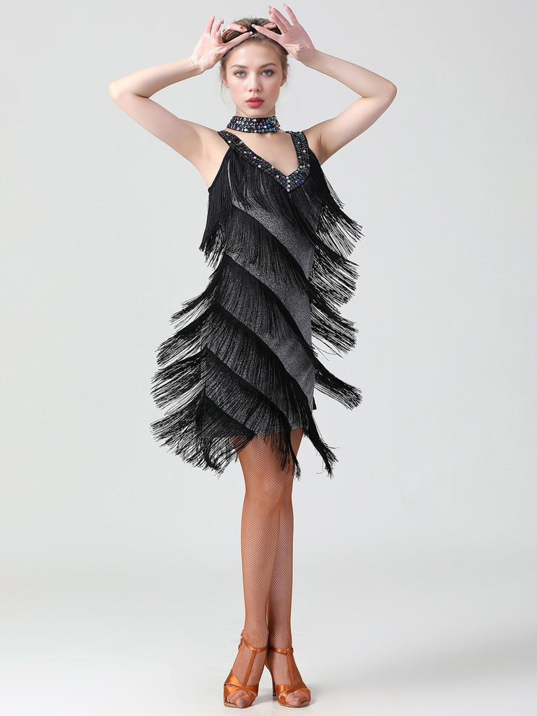 1920s Sequined Sleeveless Fringed Hem Dress: where 1920s romance meets her modern spirit
