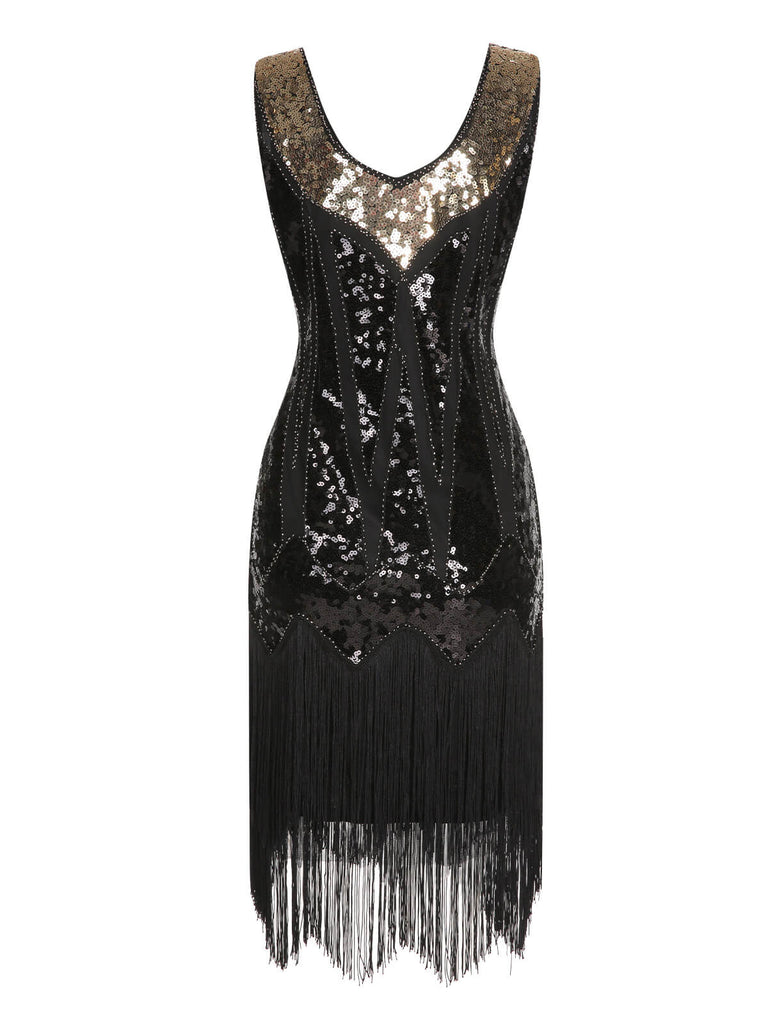 View 7: 1920s 1920s Sequined Tassel V-Neck Dress, perfect for retro themed parties, vintage fashion enthusiasts and special occasions