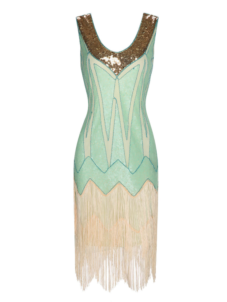 Front view: 1920s 1920s Sequined Tassel V-Neck Dress, perfect for retro themed parties, vintage fashion enthusiasts and special occasions