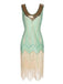Front view: 1920s 1920s Sequined Tassel V-Neck Dress, perfect for retro themed parties, vintage fashion enthusiasts and special occasions