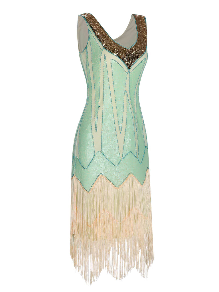 Side view: 1920s 1920s Sequined Tassel V-Neck Dress, perfect for retro themed parties, vintage fashion enthusiasts and special occasions