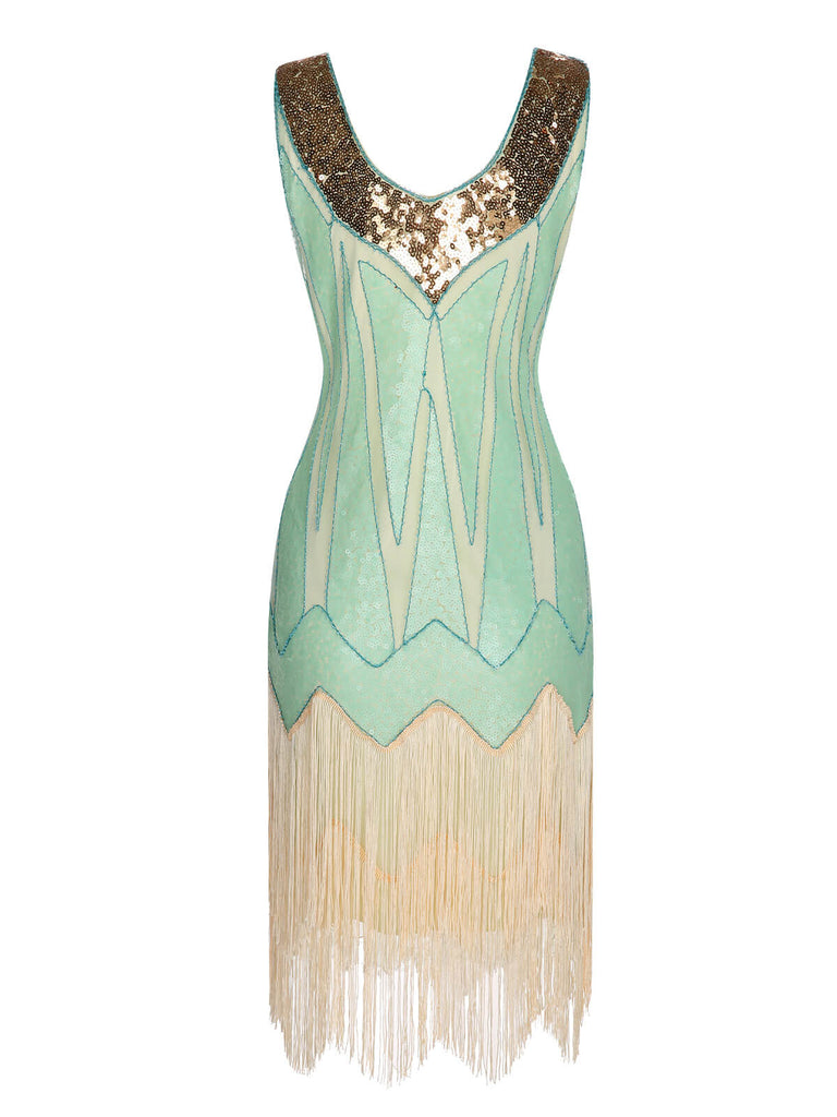 Back view: 1920s 1920s Sequined Tassel V-Neck Dress, perfect for retro themed parties, vintage fashion enthusiasts and special occasions