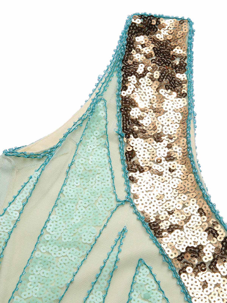 Detail close-up: 1920s 1920s Sequined Tassel V-Neck Dress, perfect for retro themed parties, vintage fashion enthusiasts and special occasions