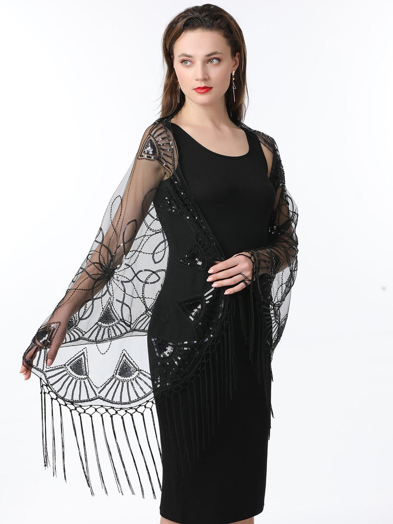 1920s Tassel Sequined Mesh Cape - vintage fashion, retro style