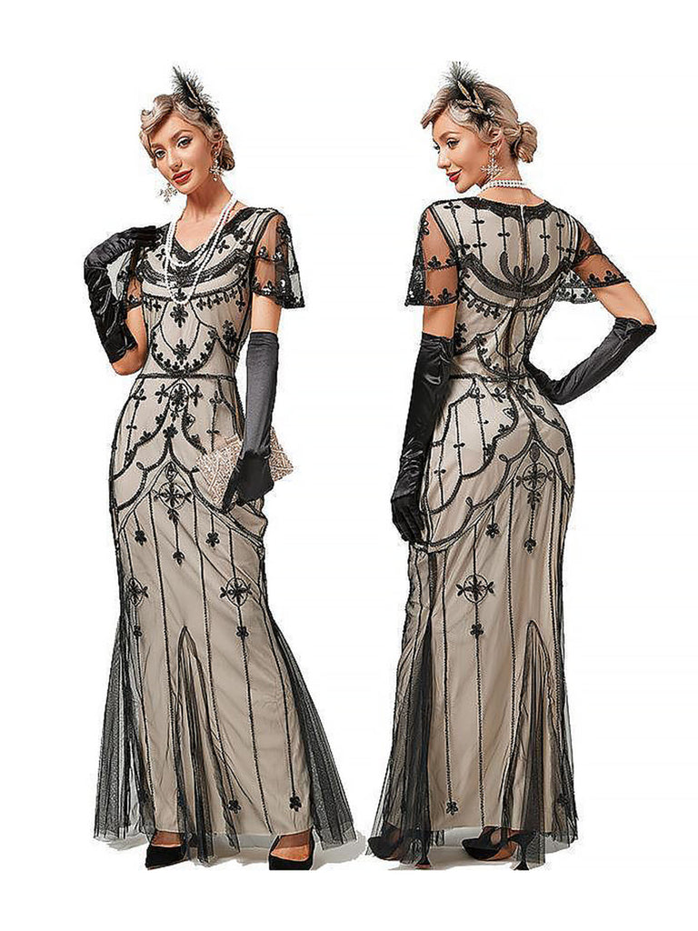 1920s V-Neck Sequined Mesh Mermaid Formal Dress — the kind of 1920s dress that makes strangers smile