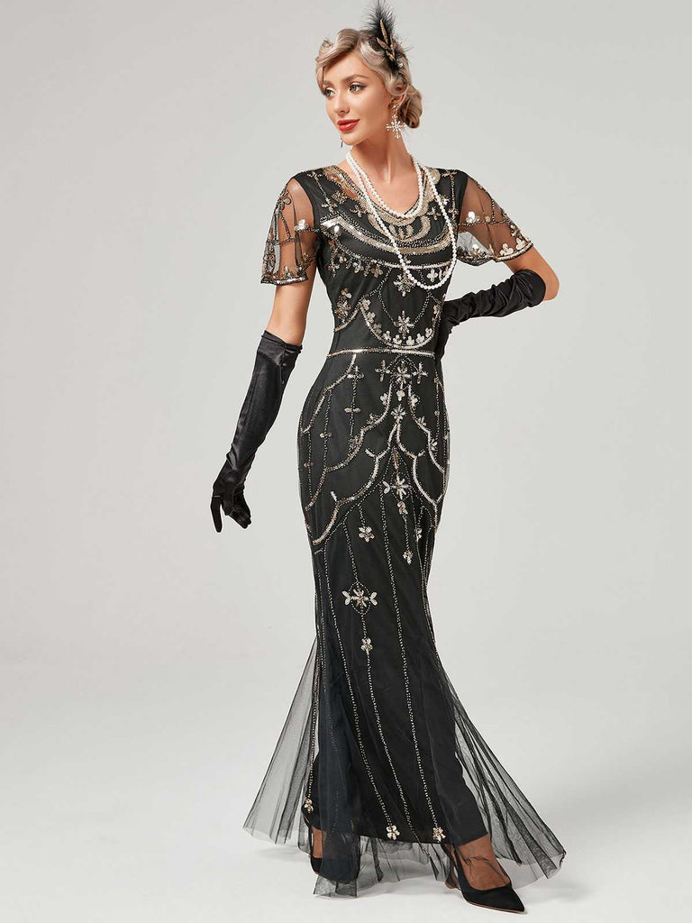 1920s V-Neck Sequined Mesh Mermaid Formal Dress — vintage elegance for the modern woman