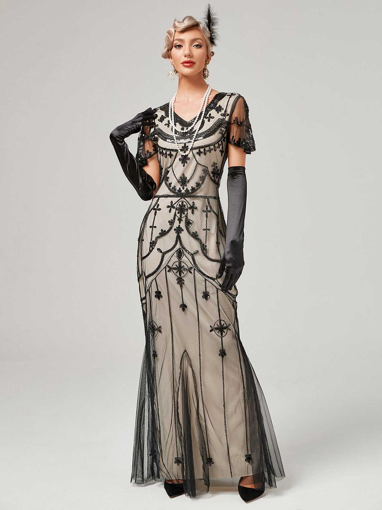 1920s V-Neck Sequined Mesh Mermaid Formal Dress — vintage elegance for the modern woman