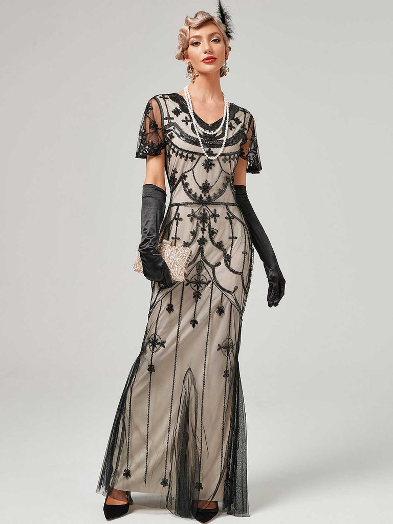 1920s V-Neck Sequined Mesh Mermaid Formal Dress — vintage elegance for the modern woman