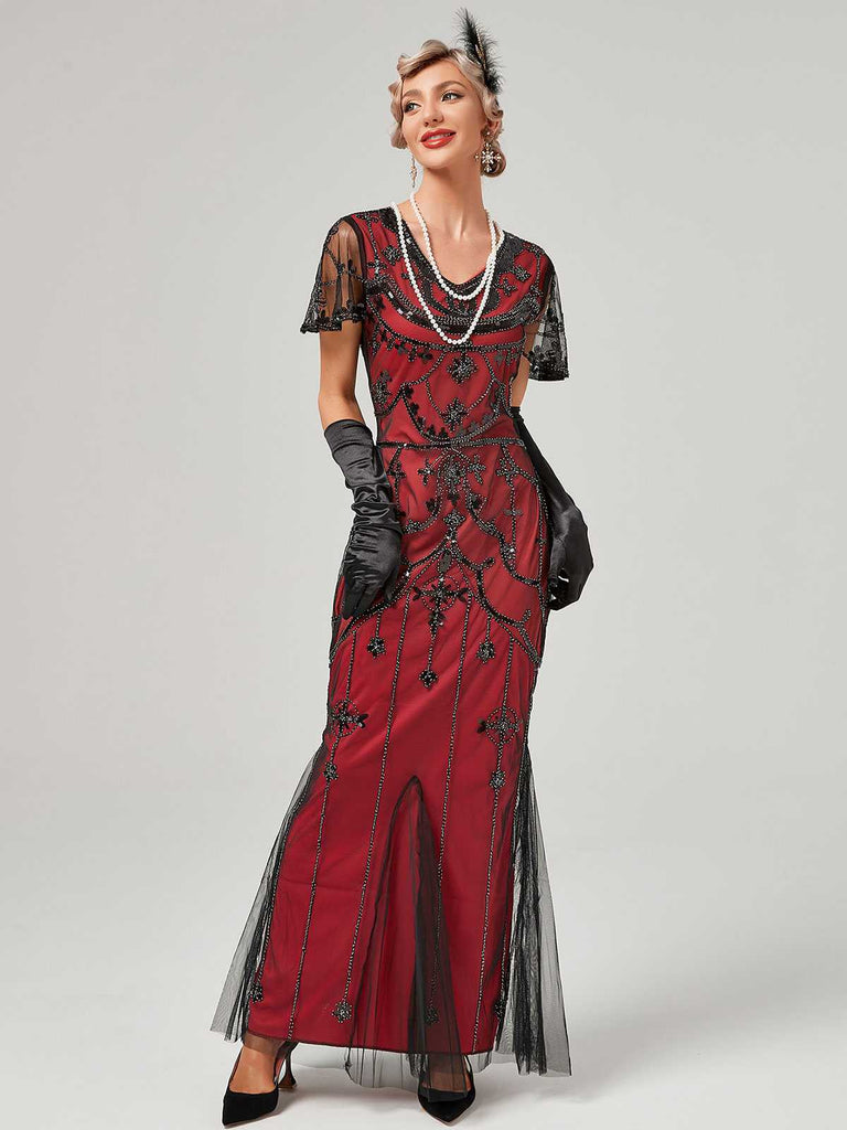 1920s V-Neck Sequined Mesh Mermaid Formal Dress — vintage elegance for the modern woman