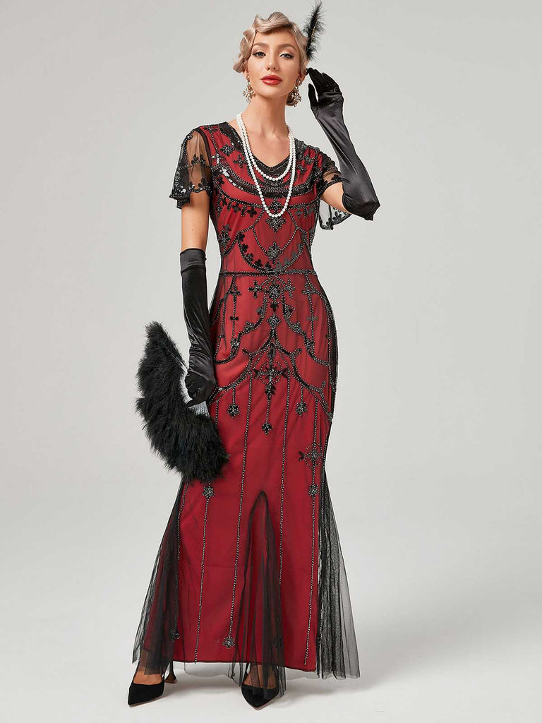 1920s V-Neck Sequined Mesh Mermaid Formal Dress — vintage elegance for the modern woman