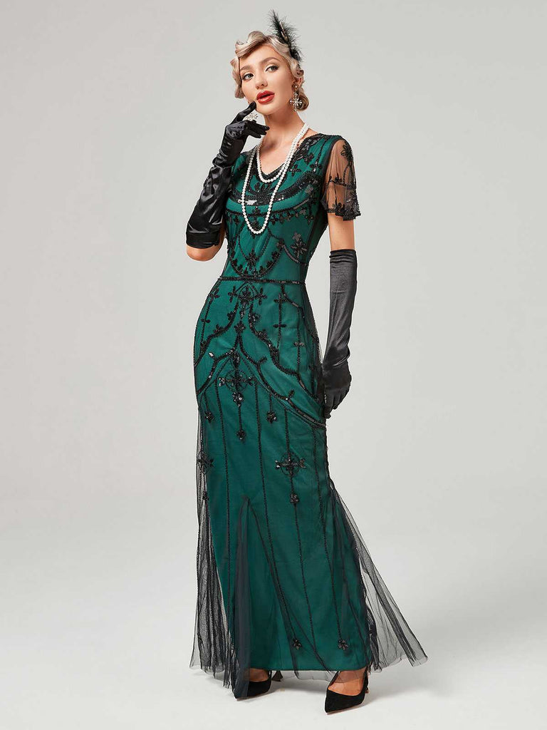 1920s V-Neck Sequined Mesh Mermaid Formal Dress — vintage elegance for the modern woman