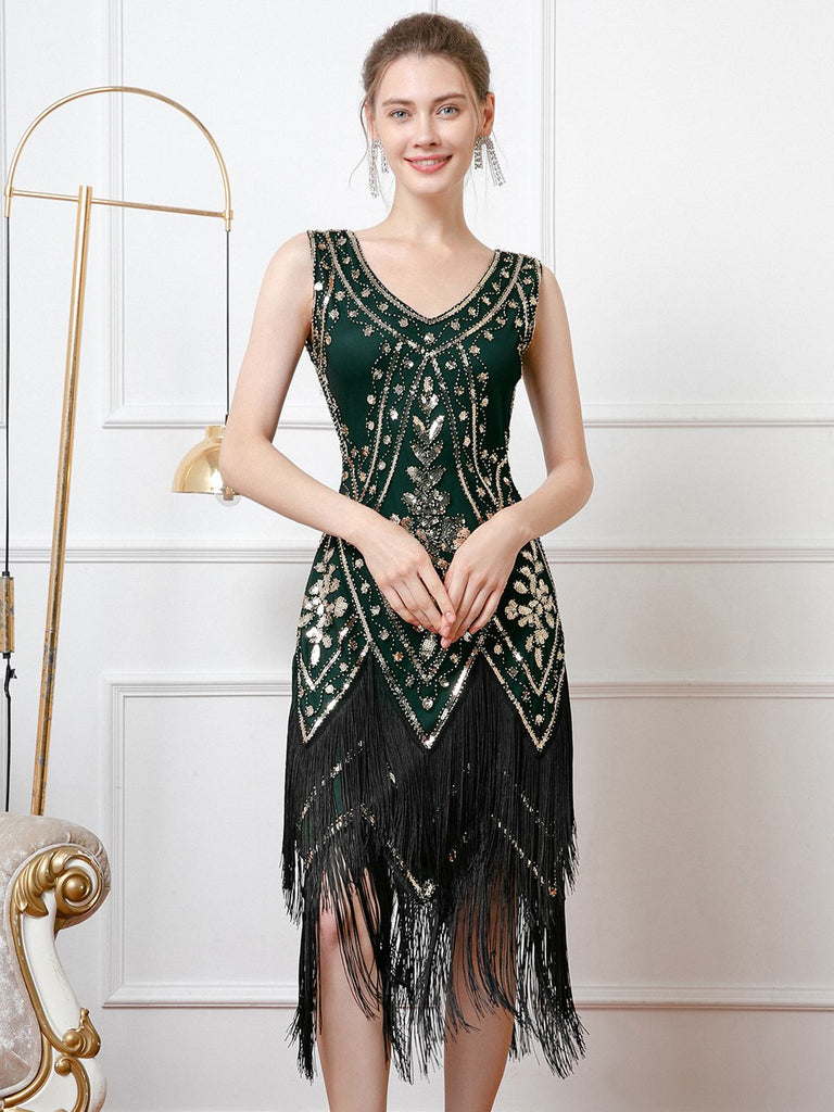 She slips into this 1920s V-Neck Sequined Tassel Flapper Sleeveless Dress and suddenly it's a 1920s daydream