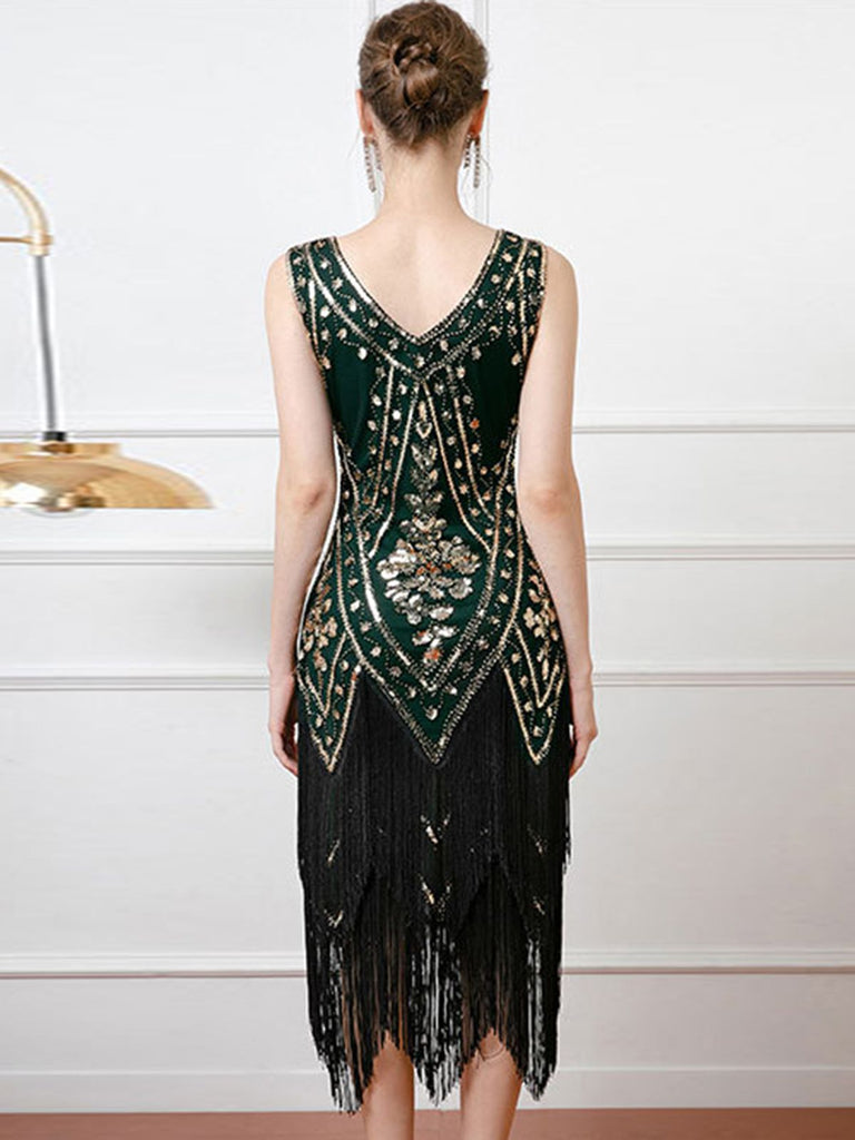 1920s V-Neck Sequined Tassel Flapper Sleeveless Dress — the kind of 1920s dress that makes strangers smile