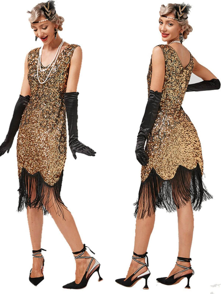1920s V-Neck Sequined Tassel Gatsby Dress — vintage elegance for the modern woman