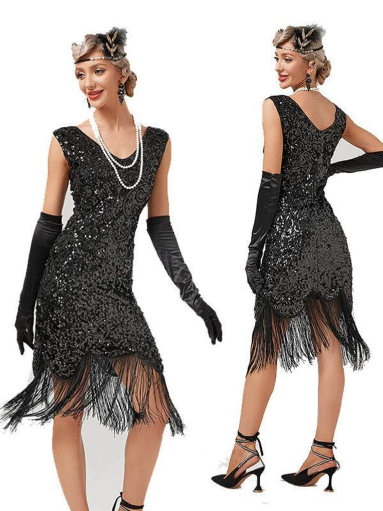 1920s V-Neck Sequined Tassel Gatsby Dress — vintage elegance for the modern woman