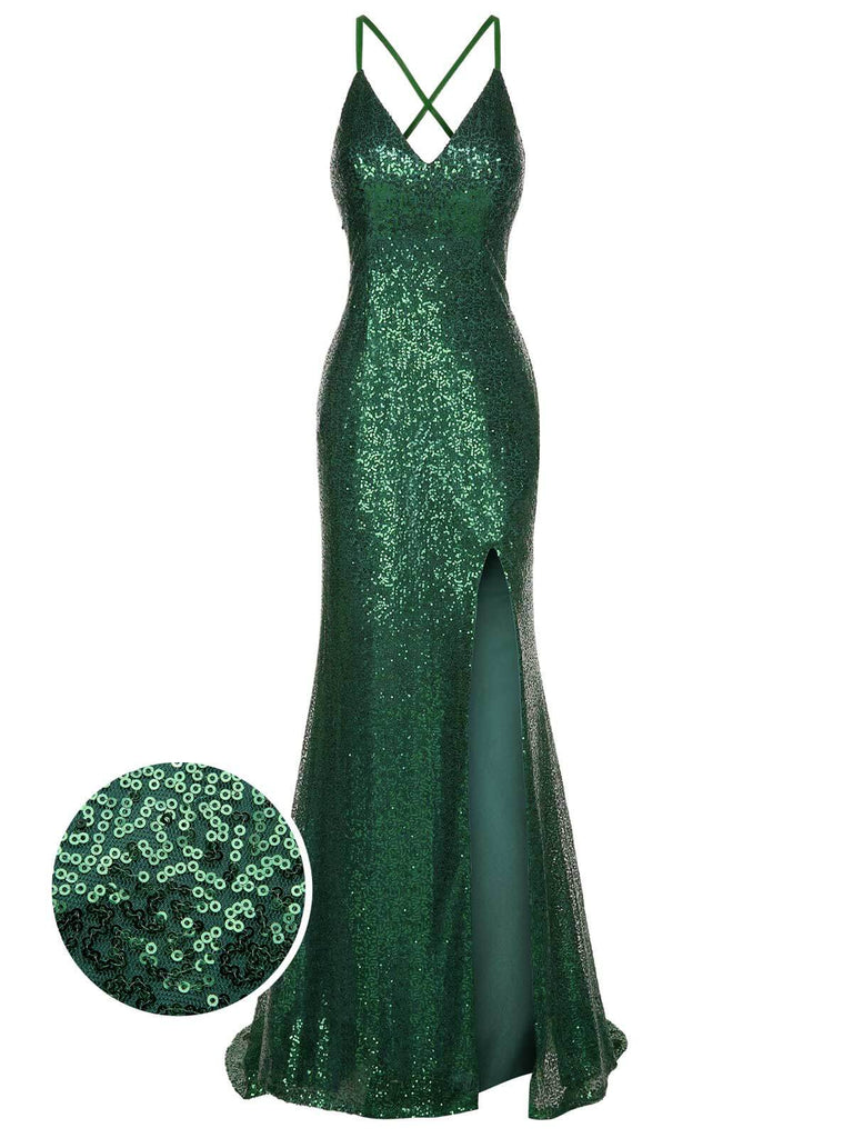 Front view: 1920s 1920s V-Neck Side Slit Sequined Sling Dress, perfect for retro themed parties, vintage fashion enthusiasts and special occasions