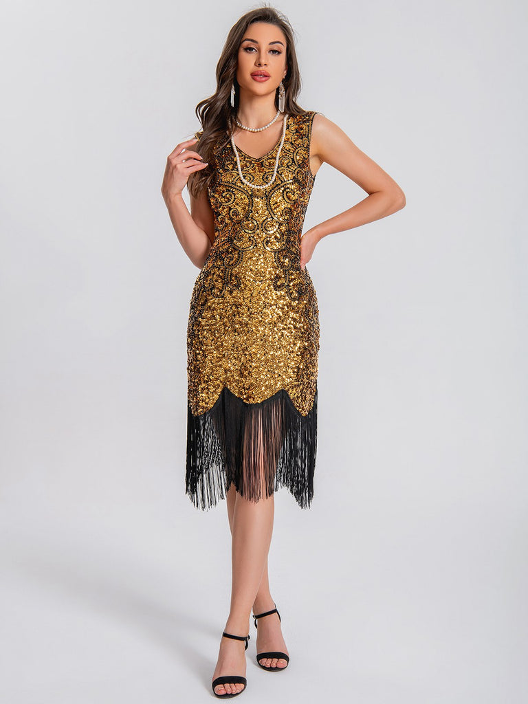 1920s V-Neck Symmetrical Pattern Tassel Sequined Dress — the kind of 1920s dress that makes strangers smile