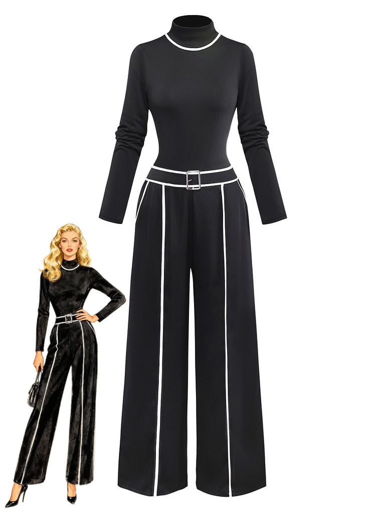 2PCS Black 1930s Binding Stand Collar Knitted Top & Wide-Leg Pants - vintage fashion, retro style, classic black