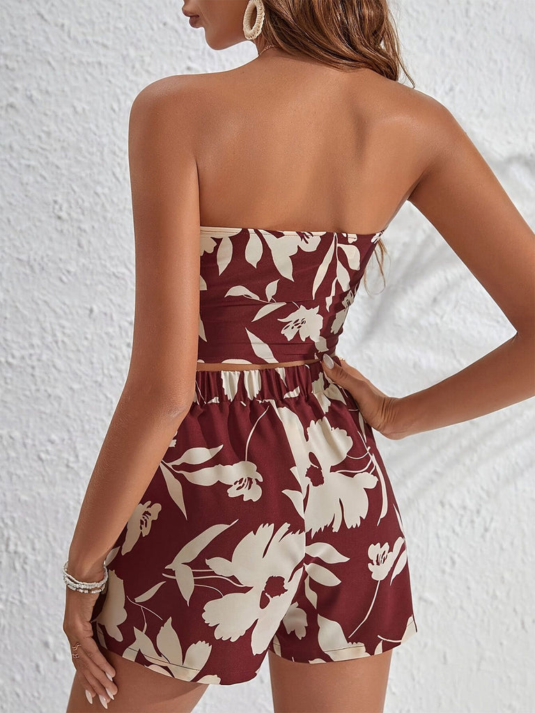 2PCS 1930s Tropical Floral Print Strapless & Shorts Set - vintage fashion, retro style