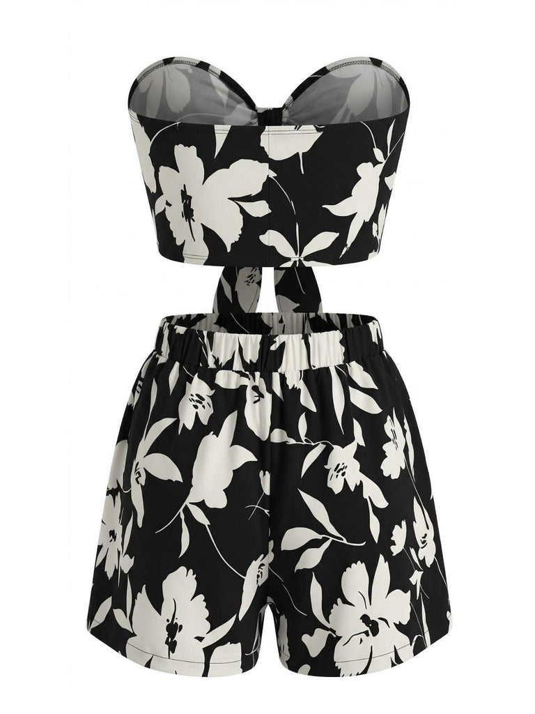 2PCS 1930s Tropical Floral Print Strapless & Shorts Set - vintage fashion, retro style