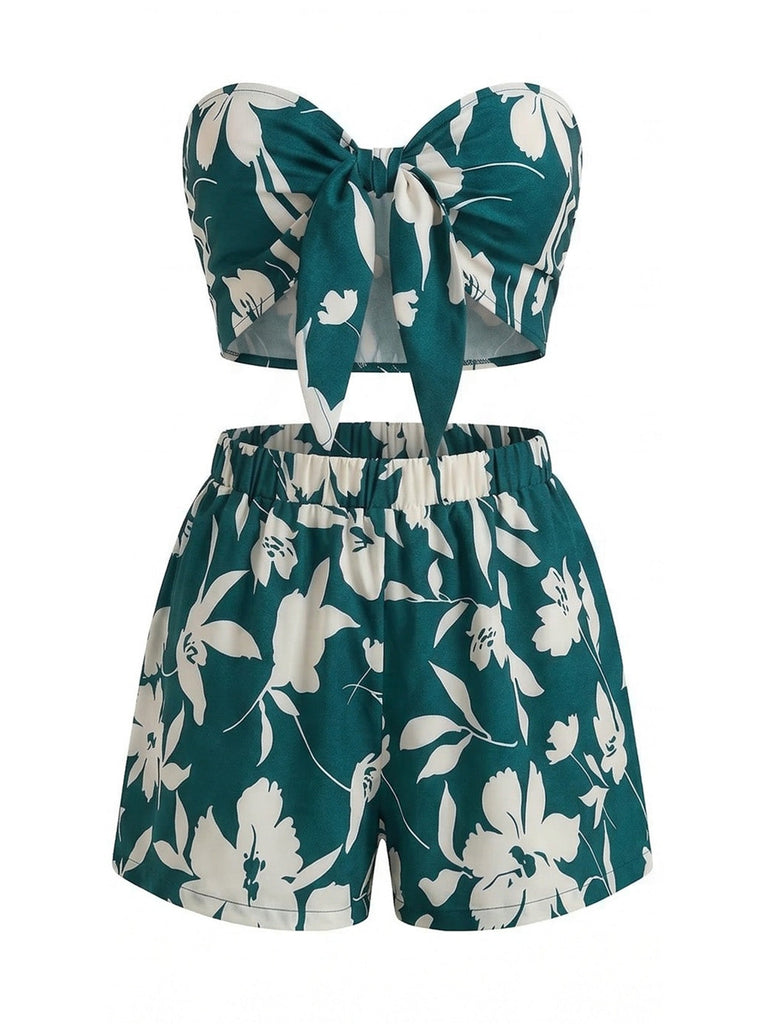 2PCS 1930s Tropical Floral Print Strapless & Shorts Set - vintage fashion, retro style