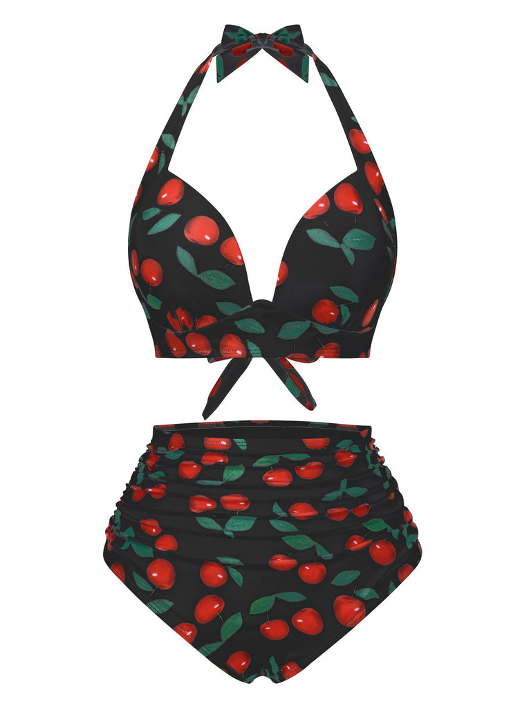1930s Cherry Ruched Halter Bikini Set - vintage fashion, retro style