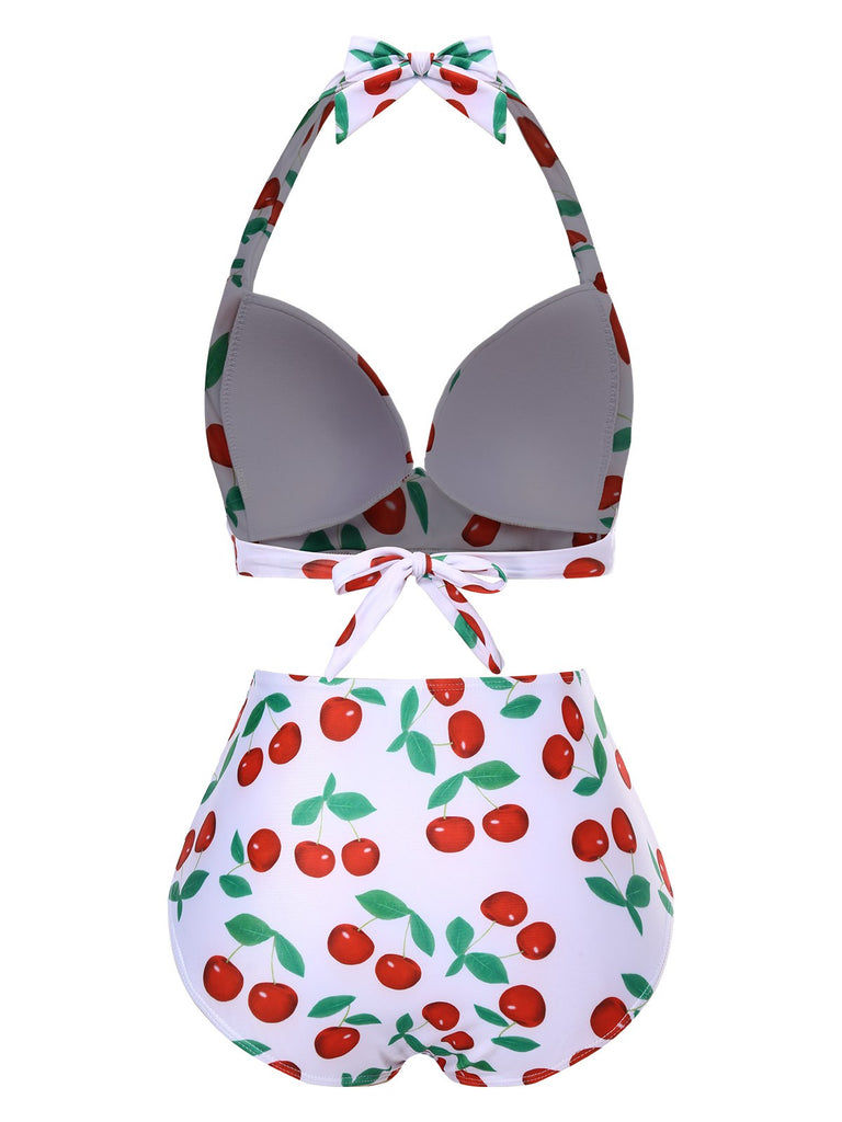 Back view: 1930s 1930s Red Cherry Ruched Halter Bi