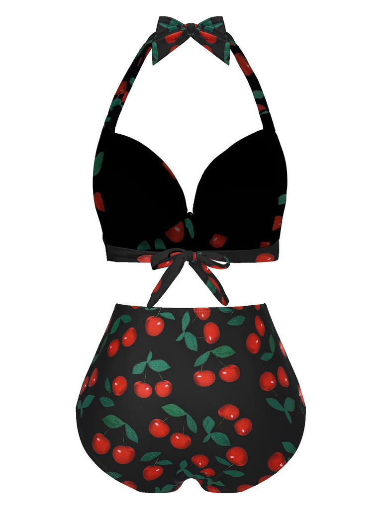 View 6: 1930s 1930s Red Cherry Ruched Halter Bikin