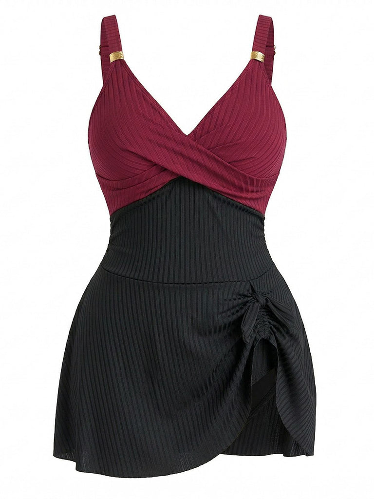 1930s Color Block Ribbed One-Piece Swimsuit, vintage swimsuit, retro swimwear, elegant style